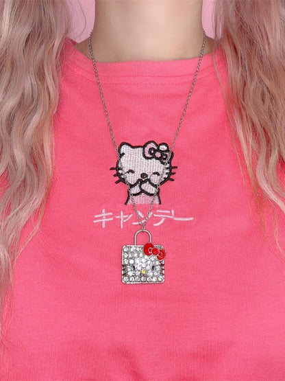 Halskette mit Kätzchen-Anhänger in Weiß/Strass