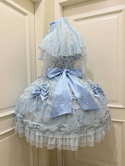 Accents with Lace Hime Blue Bow Dress and Lolita Multi-layer Bead