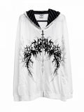 Print Fantasy Dark Black/White Gothic with Striped-Lined Lightweight Hoodie