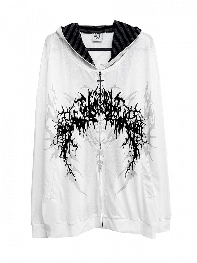 Print Fantasy Dark Black/White Gothic with Striped-Lined Lightweight Hoodie
