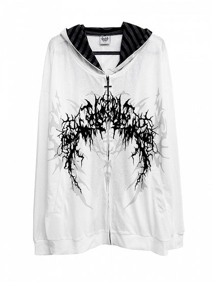 Print Fantasy Dark Black/White Gothic with Striped-Lined Lightweight Hoodie