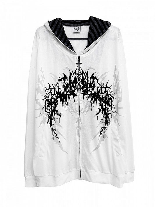 Print Fantasy Dark Black/White Gothic with Striped-Lined Lightweight Hoodie