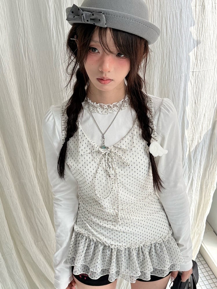 Ruffled Long Two-Piece White with Polka-Dot Lace Fake Trim Shirt Sleeve