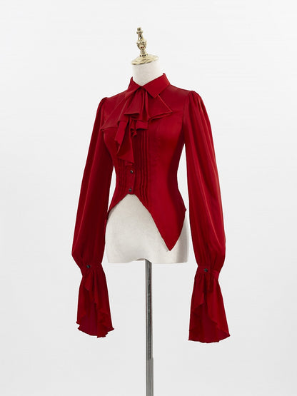 Red Pleated Shirt with Foldover Collar, Ruffle Cuffs, and Jabot Tie - DevilInspired Exclusive Collection