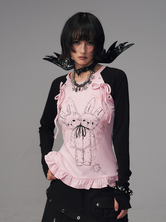 Raglan Details Sleeve Bowknot Long - BlackPink Kawaii Top