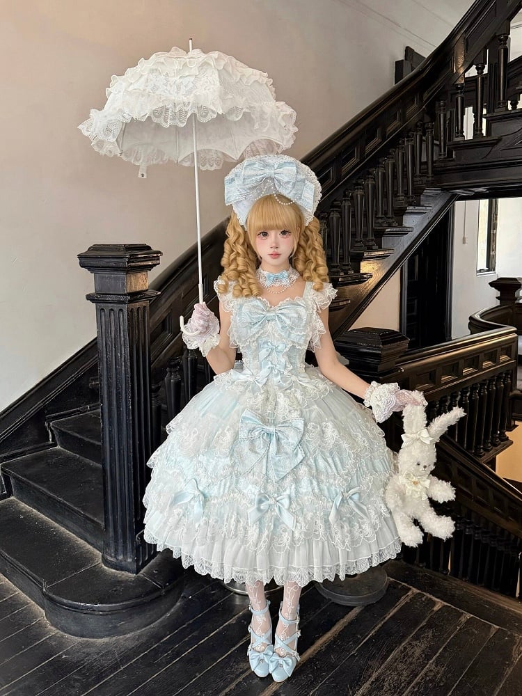 Decor With Dress Multi-Layer Lolita Hanayome-Style JSK Blue Trim Lace Bow