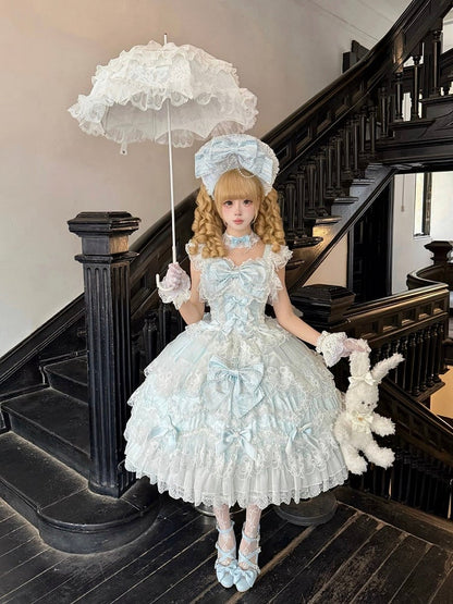 Decor With Dress Multi-Layer Lolita Hanayome-Style JSK Blue Trim Lace Bow
