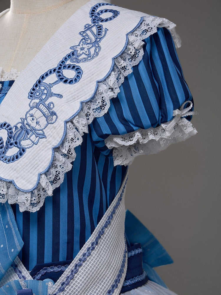 Striped Low Waist Sailor Dress with Blue Embroidery - Twin Bear Original Design