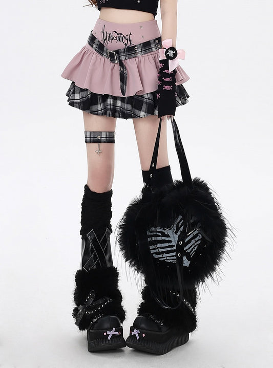 Pink Gray Plaid Tiered Skirt with Garter - CRAZY GIRL