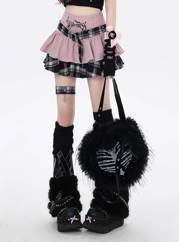 Y2K Garter Tiered Skirt with Cross Belt and Lined Gray Plaid Buckle Pink Design