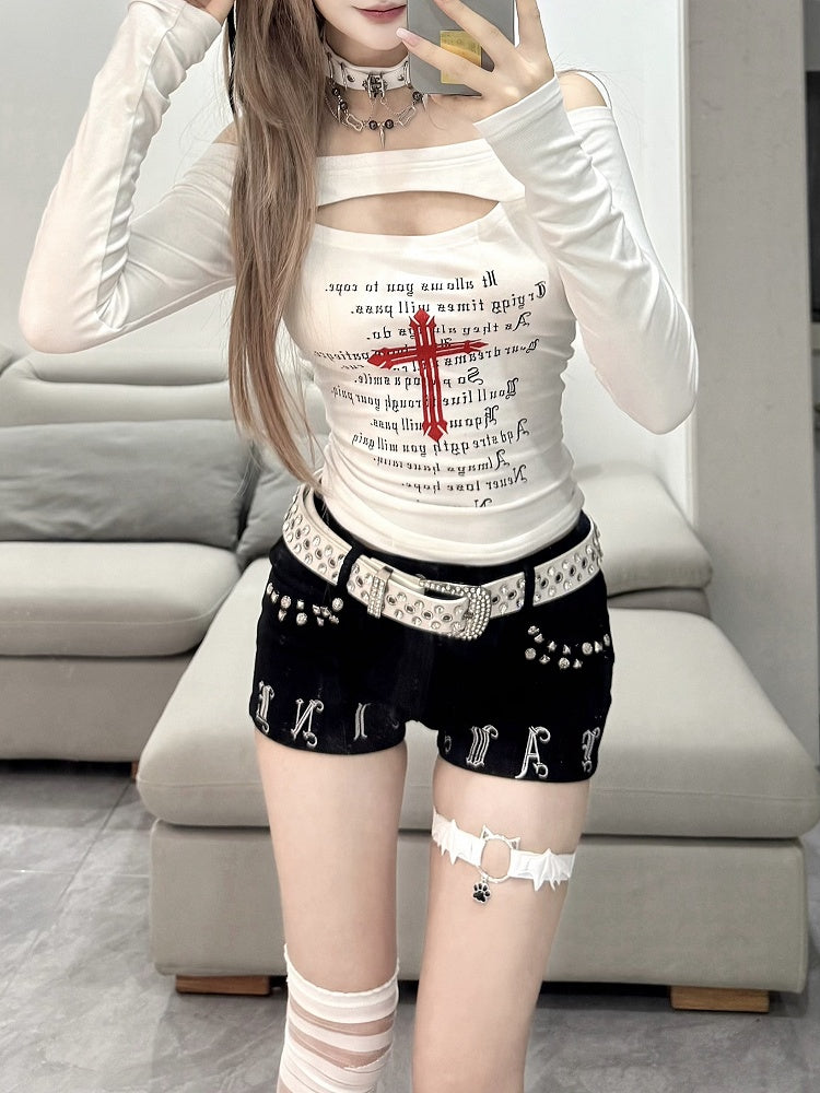 Red with White Print Bold Top Style Front Subculture Cutout Off-Shoulder | Cross