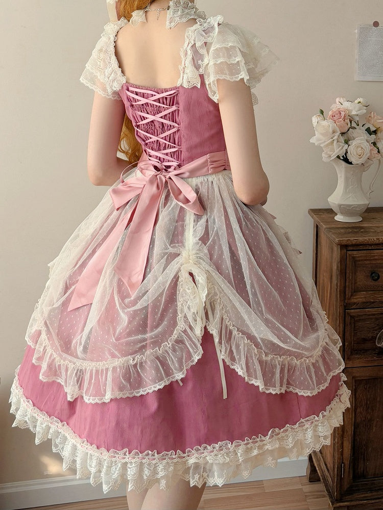 Pink Elegant Bow Version with Details Short Dress Lolita and Lace Classic Rose