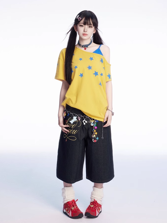 スターフェイクアシンメトリーTシャツ ブループリント ネックライン イエロー