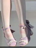 Snap Decor Square Mid-heel Beads Lolita Purple Shoes - Toe Classic