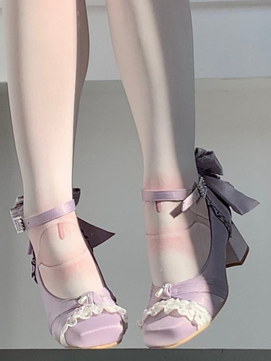Snap Decor Square Mid-heel Beads Lolita Purple Shoes - Toe Classic