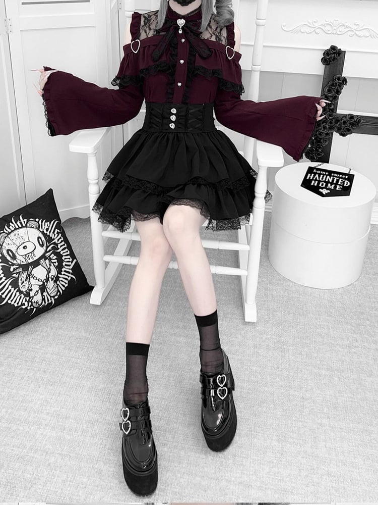 Sleeves Shoulders with Jirai Top Bell Set: Red Wine Open Kei Three-Piece