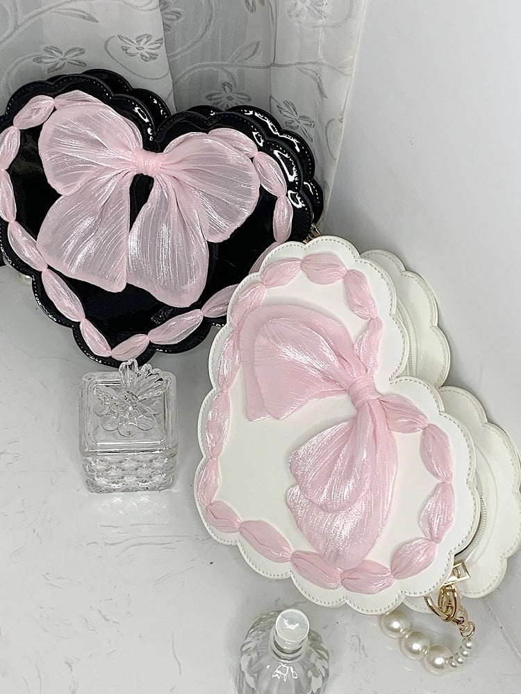 Two with Adjustable Handle Lolita Bag Strap Available Pearl Colors Bow Detail Heart-Shaped