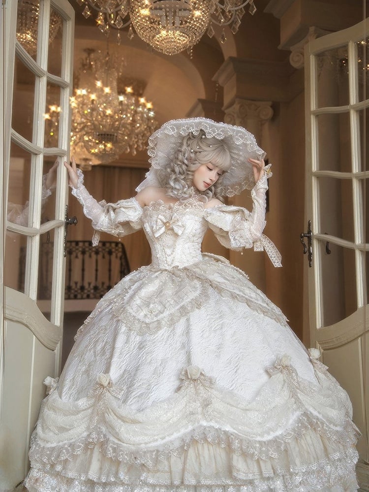 Ruffles Gown Lolita and Version Details Off-Shoulder Hime Hanayome Layered Bow with Champagne Long Lace