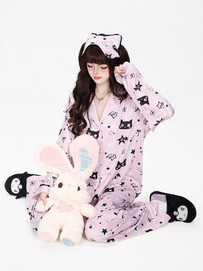 Kawaii Kitty and Star Print Two-Piece Loungewear Set in Pink - CRAZY GIRL