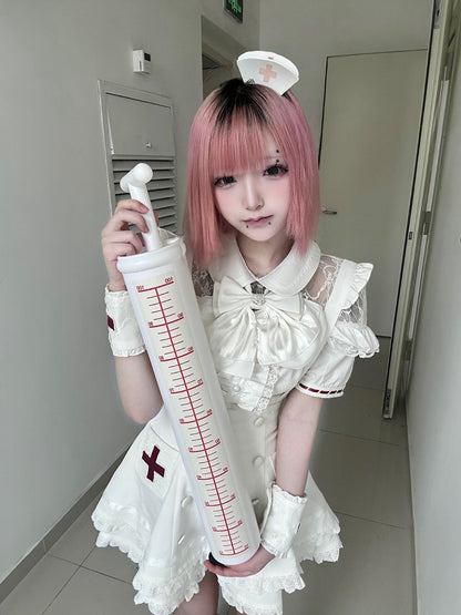 White Lace Blouse & Skirt Set with Straps & Bow - Shi Zhai Xin