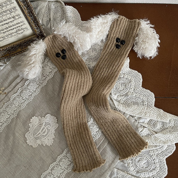 Leg Knit Details with Khaki Ribbed Warmers Button Puppy-Ear