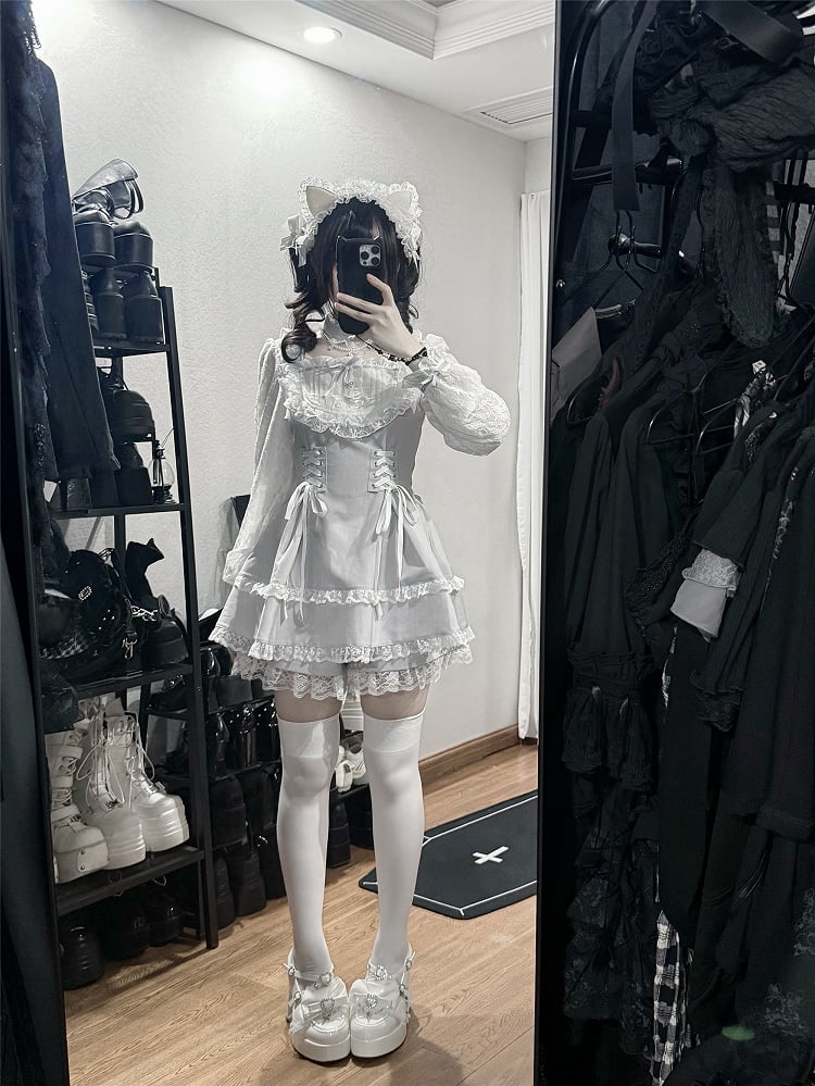 Dress Set With Choker Sleeve Lace Design White Gray Shorts Ryousangata Bead Trim Long + Chain Matching