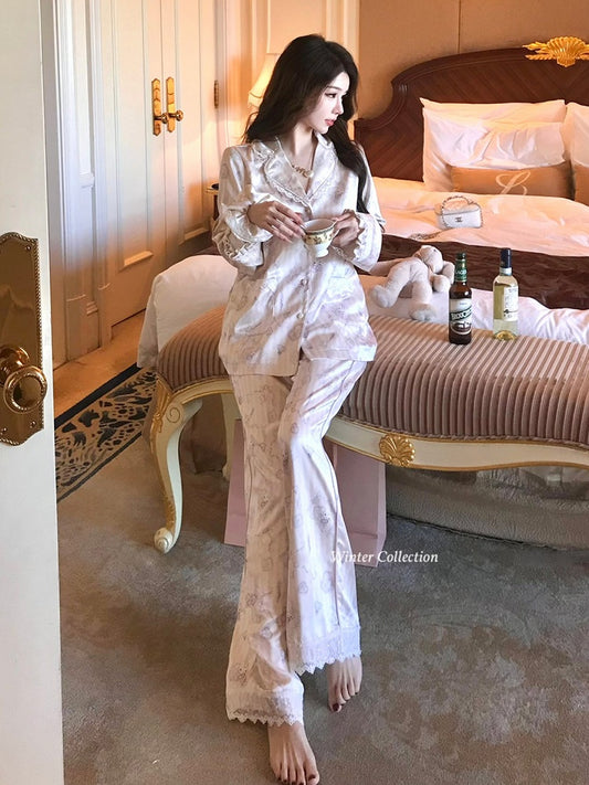 Satin Pajama Lace with Cat Lining Trim Set Print Fleece