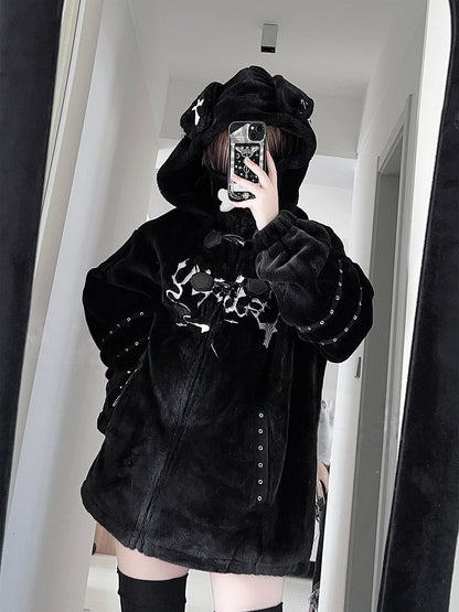 with Plush Puppy Hooded Kei Jirai Straps Button Black Design Toggle Ear Jacket Decorations