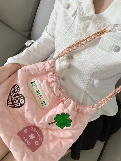 Sweet Pink Diamond Bag With Clover And Letter Embroidery Quilted Drawstring Shoulder