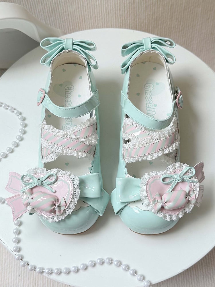 Green Leather Candy Clip PU Shoes Sweet Mint Low-heel Pink Heart with