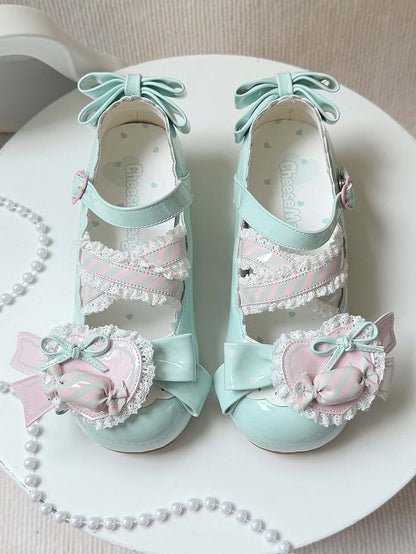 Green Leather Candy Clip PU Shoes Sweet Mint Low-heel Pink Heart with