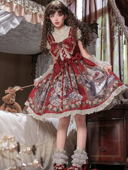 Floral Print Lolita Dress Set with Puff Sleeve Top - Unknown Star