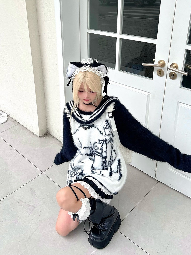 Plush Oversized with Girl Sweater Design Collar - Black/Blue/Pink Fit Cartoon Sailor