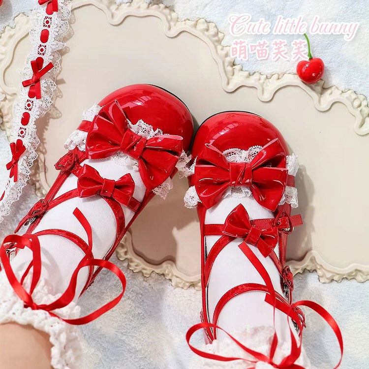 Round Toe Janes for Details Accents Lolita Mary - Mid-heel with Red Heel Cat-shaped Bow Lace