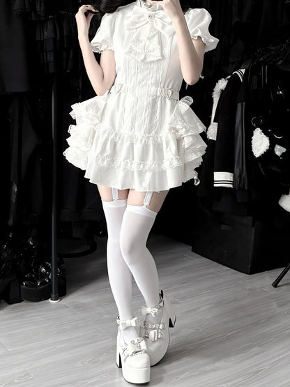 Bow and White Kei Flowing Dress Side Sleeves Tie Train，Shorts Set: with Puffy Gothic Jirai