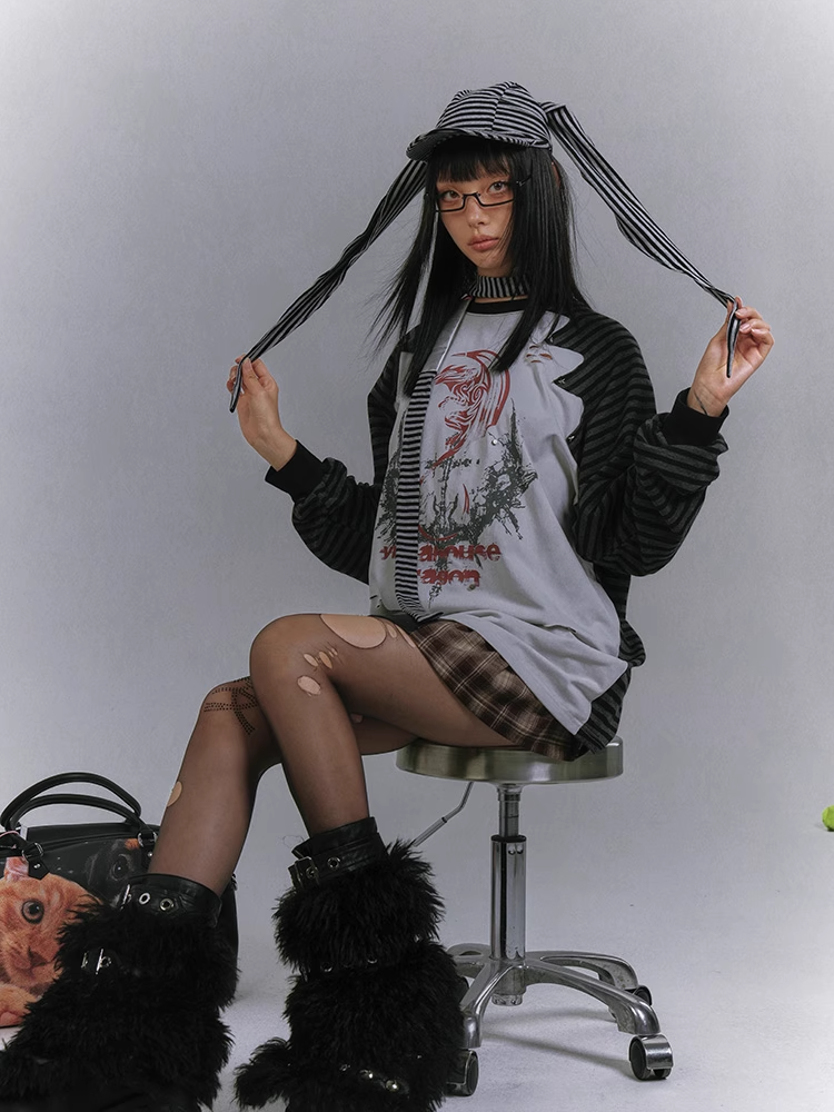 and Colorblock Long Sleeves Striped with Black and Gray Top Punk Print Design