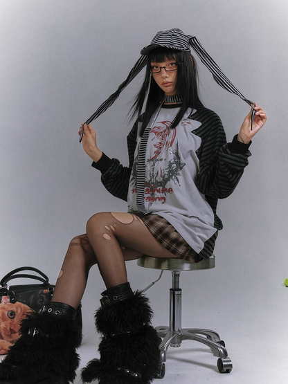 and Colorblock Long Sleeves Striped with Black and Gray Top Punk Print Design