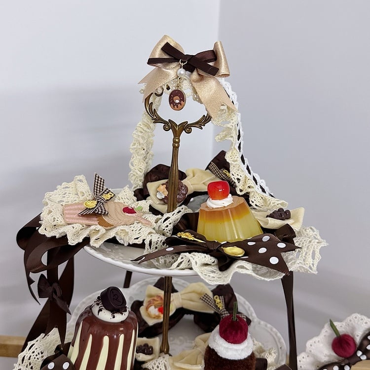 Brown/Pink/Red Pendant and Lolita Choker with Sweet Bow Lace