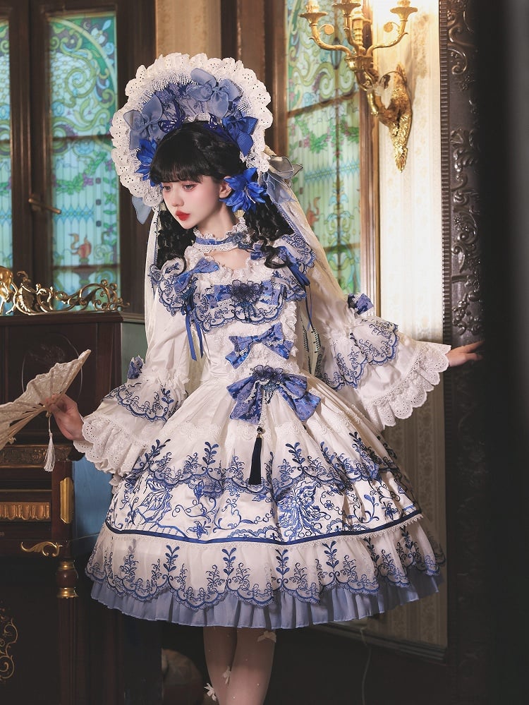 Blue Porcelain Butterfly Chinoiserie and Embroidery White Fabric