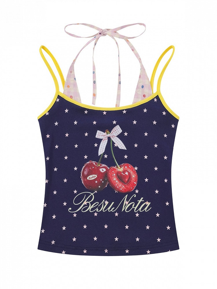 Sweet Cool Kawaii Navy Fake Two-Piece Halter Camisole Top with Star and Cherry Prints - Languid Park