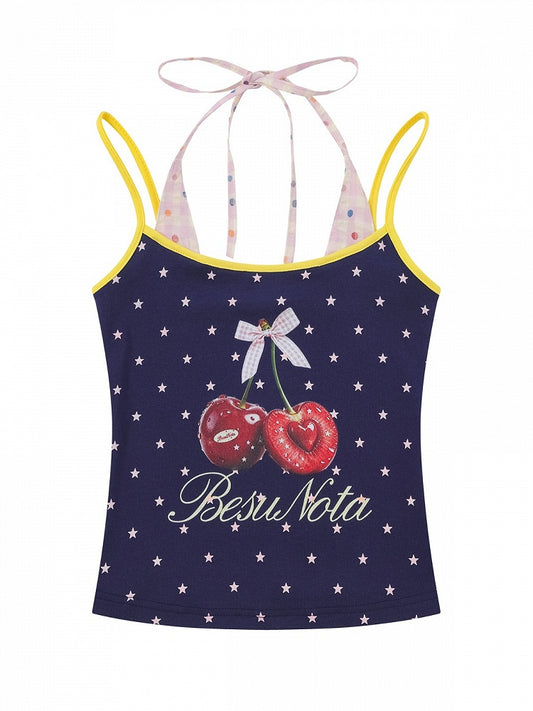 Sweet Cool Kawaii Navy Fake Two-Piece Halter Camisole Top with Star and Cherry Prints - Languid Park