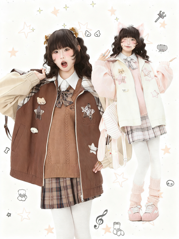 Collar Cat Brown/Pink Color-Block Embroidered with Jacket Plaid and