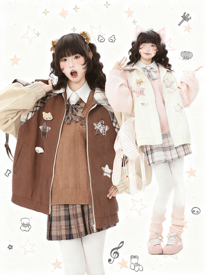 Collar Cat Brown/Pink Color-Block Embroidered with Jacket Plaid and