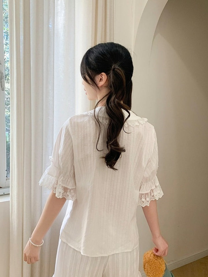 White Kawaii Lace Trim Blouse - Lan Jian Chuan