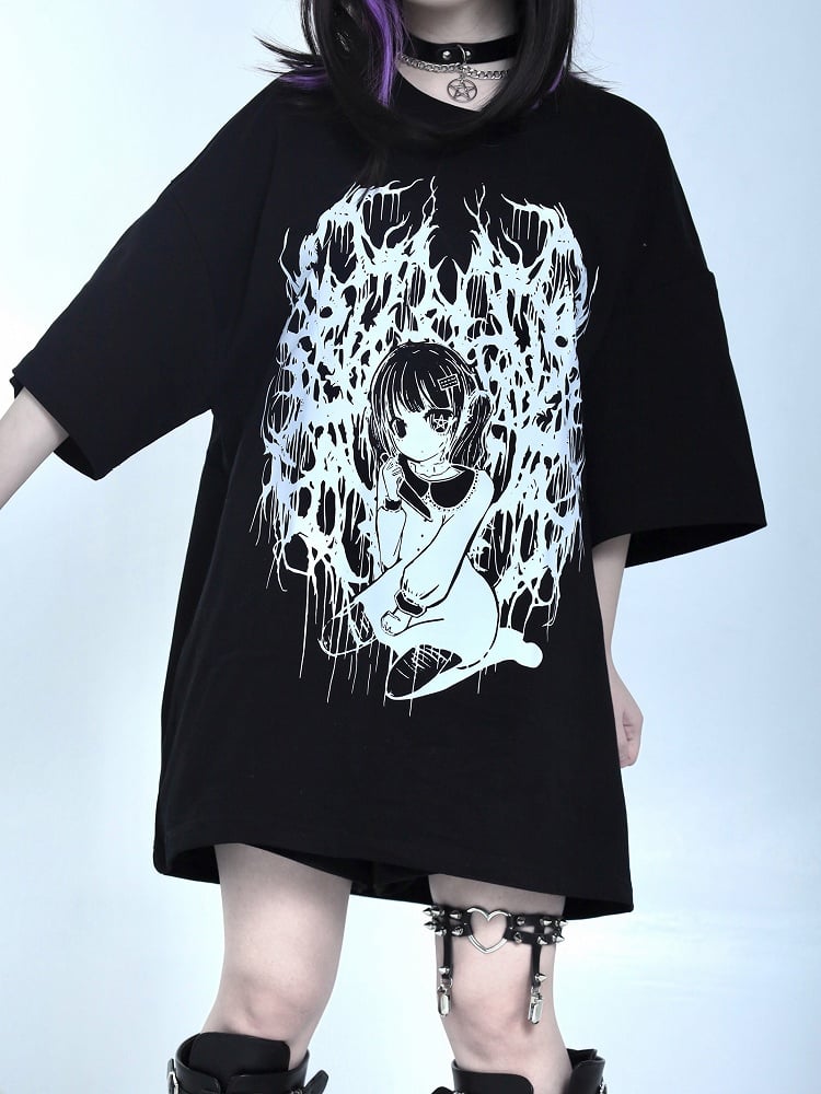 T-Shirt Oversized Girl Jirai Print Cartoon Kei Schwarz