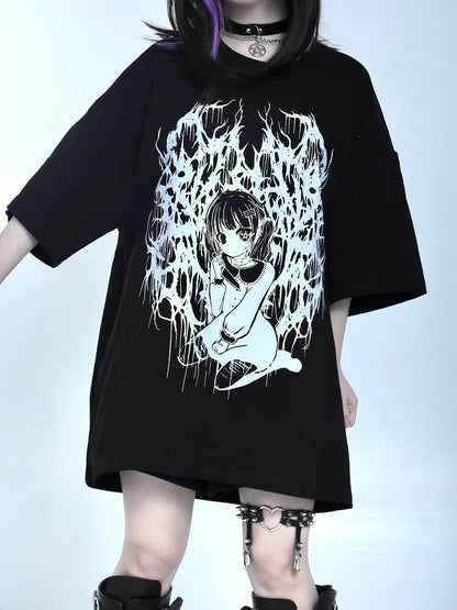 T-Shirt Oversized Girl Jirai Print Cartoon Kei Schwarz