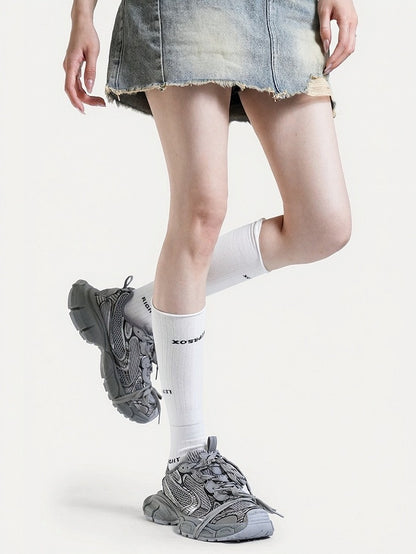 Two-Color Ribbed Calf Socks with Letter Print - ModaSwings