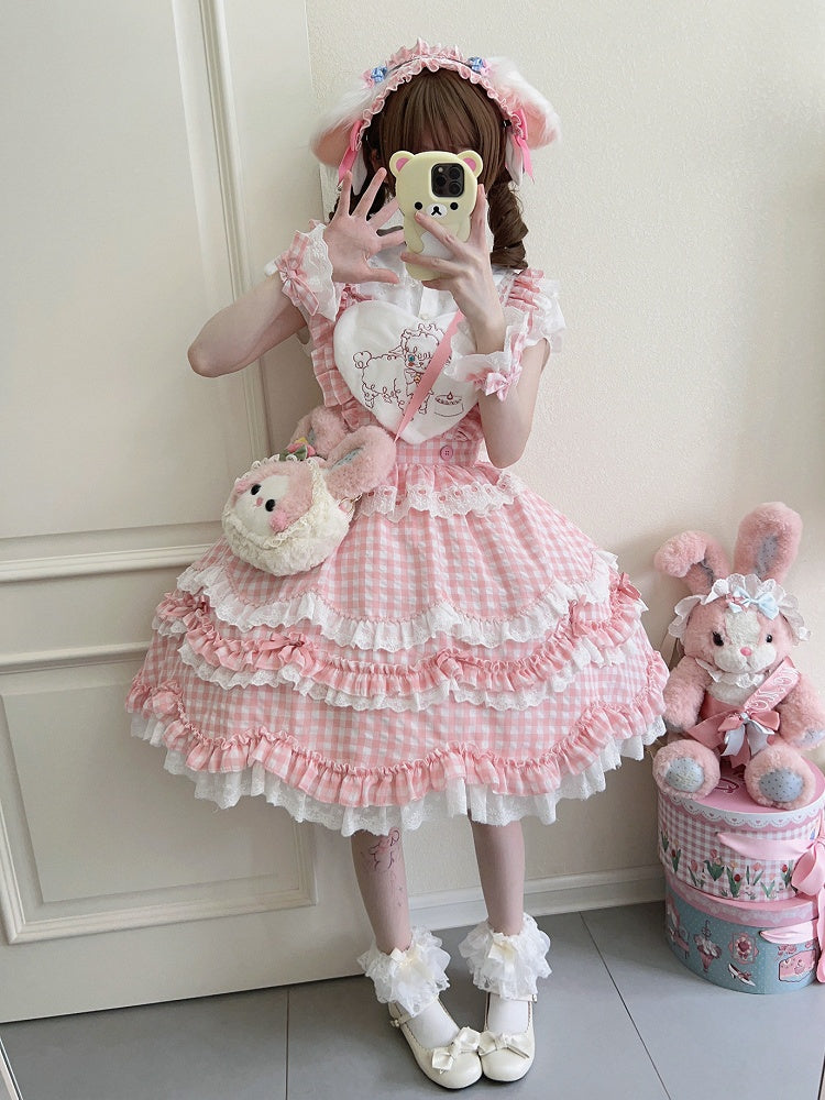Only Dress Pink Back Multi-Layered Gingham + Bow Ruffle Sweet Lolita / Pattern JSK