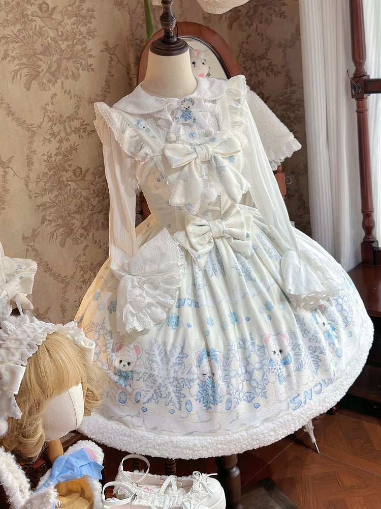 Off-white Sweet Winter Lolita Jumper Skirt with Bear and Snowflake Print