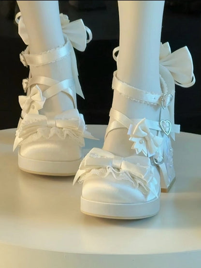 Block High with Sakura Details Bowknot White Platform Themed Satin Lolita - Heels
